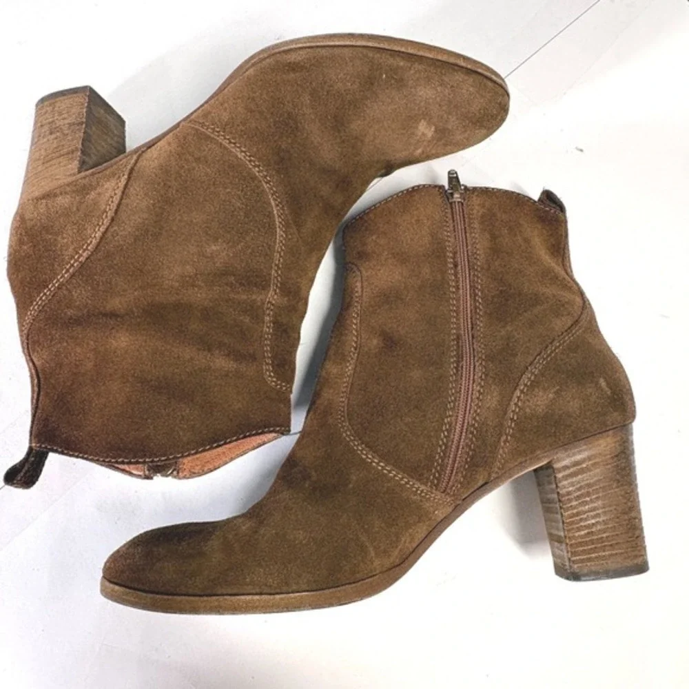 JCrew Brown Suede Ankle Boots 10 Western Boho Ranch Stacked Block‎ Heel Italy